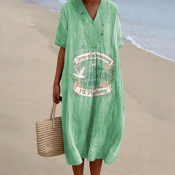 Christianartworkshop Some Glad Morning I'll Fly Away Floral Dove V-Neck Short Sleeve Midi Dress - Green - 4XL - image 2