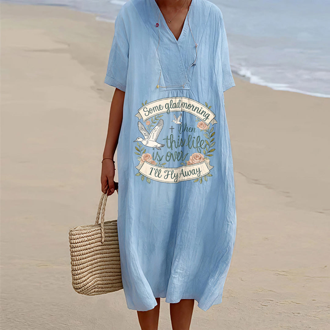 Christianartworkshop Some Glad Morning I'll Fly Away Floral Dove V-Neck Short Sleeve Midi Dress - Blue - 4XL - image 4