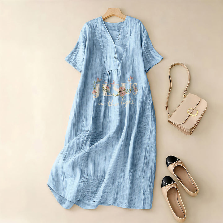 Christianartworkshop Jesus Is The Light Floral Butterfly V-Neck Short Sleeve Midi Dress - image 5