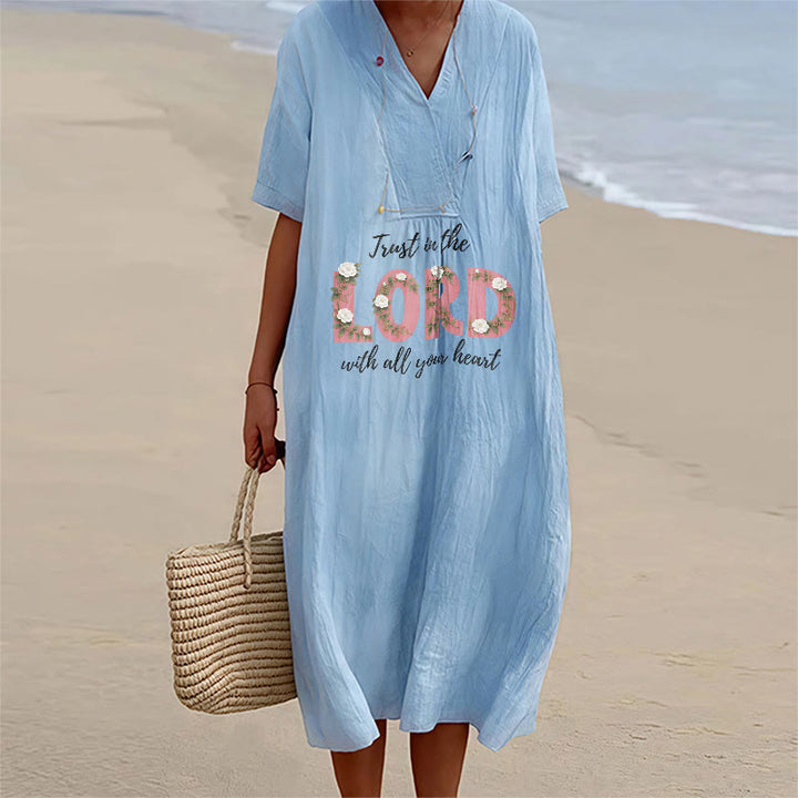 Christianartworkshop Trust In The Lord With All Your Heart Floral V-Neck Short Sleeve Midi Dress - Blue - 4XL - image 4