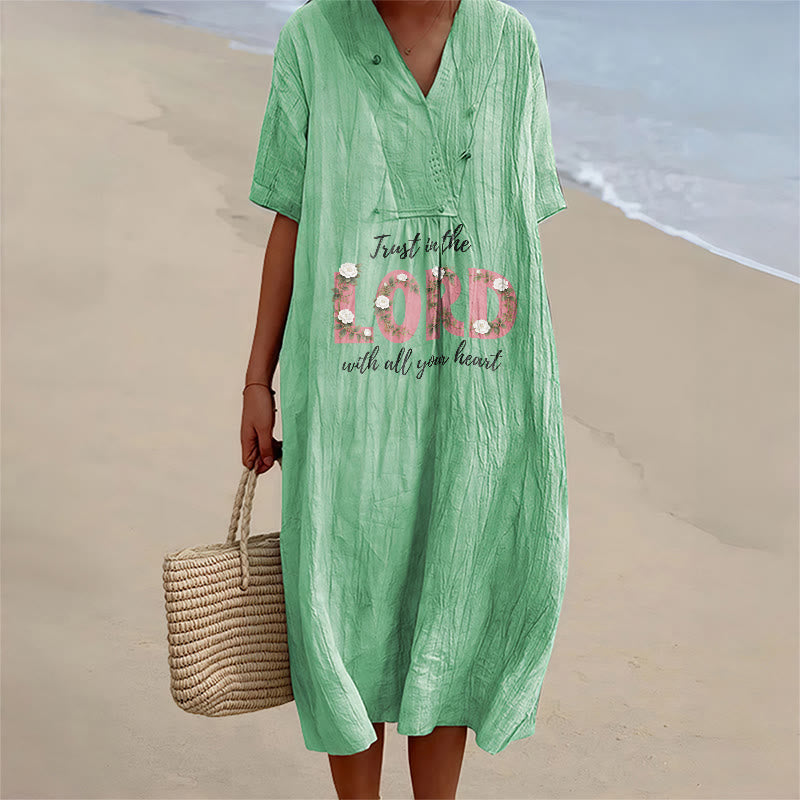 Christianartworkshop Trust In The Lord With All Your Heart Floral V-Neck Short Sleeve Midi Dress - Green - 4XL - image 2