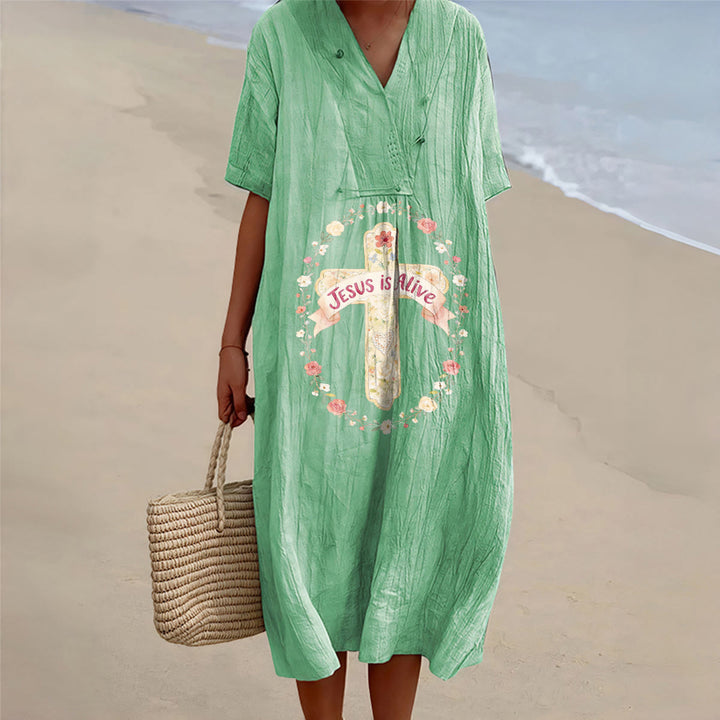 Christianartworkshop Jesus Is Alive Floral Cross V-Neck Short Sleeve Midi Dress - Green - 4XL - image 2
