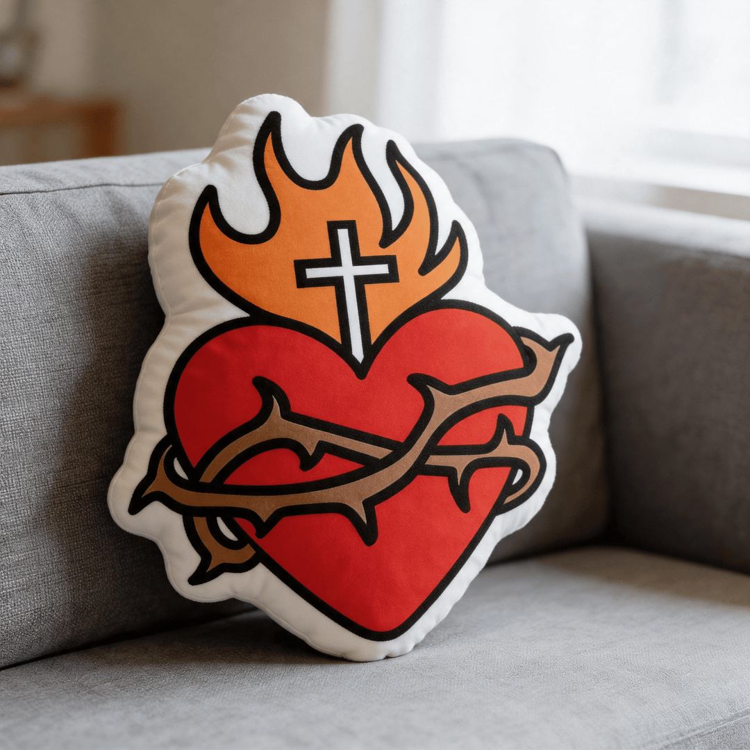Christianartworkshop Sacred Heart Cross Flame Crown of Thorns Shaped Religious Throw Pillow - image 3