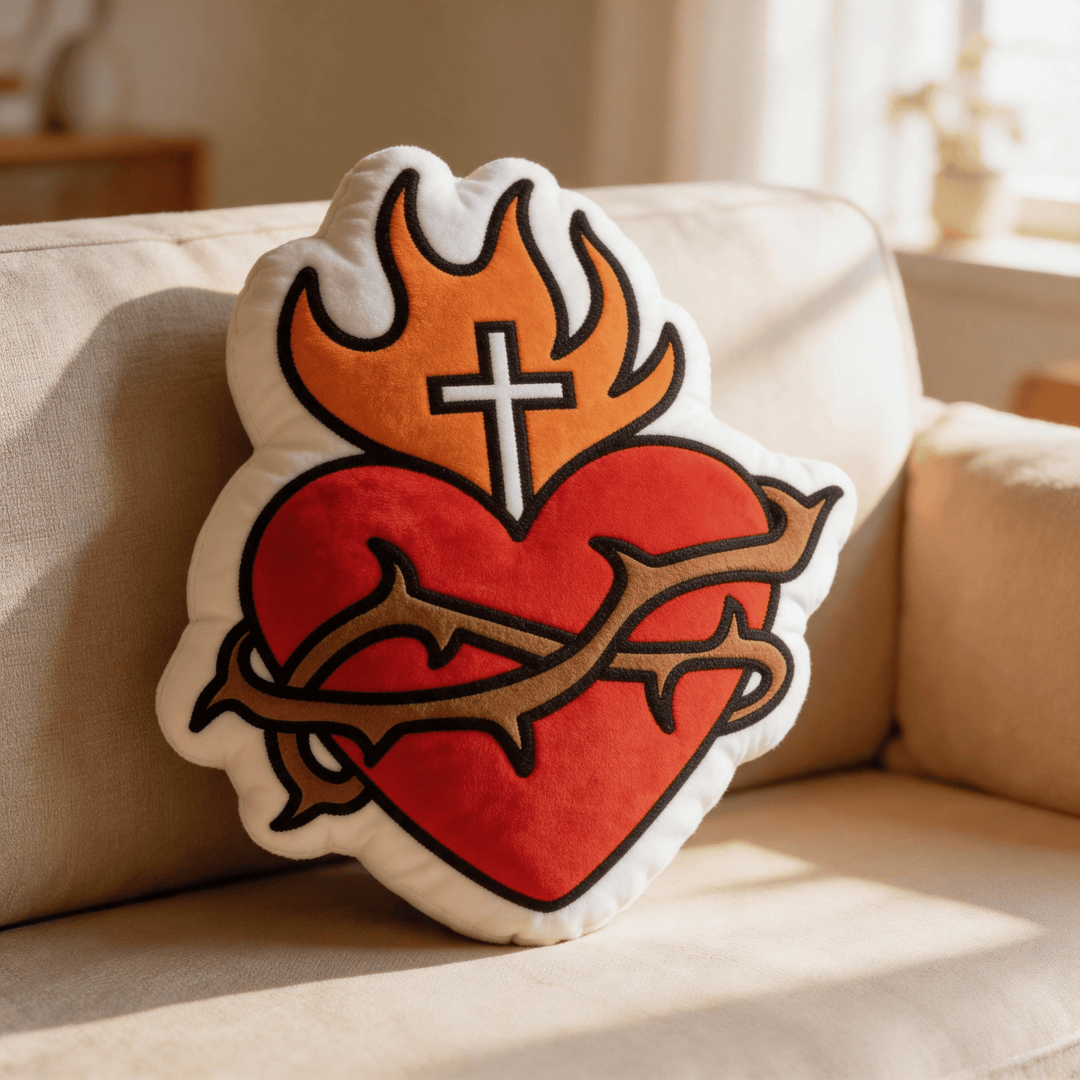 Christianartworkshop Sacred Heart Cross Flame Crown of Thorns Shaped Religious Throw Pillow - 24" (60cm) - image 0