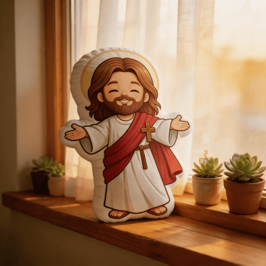 Christianartworkshop Cute Smiling Jesus with Open Arms and Halo Shaped Decorative Pillow - image 1