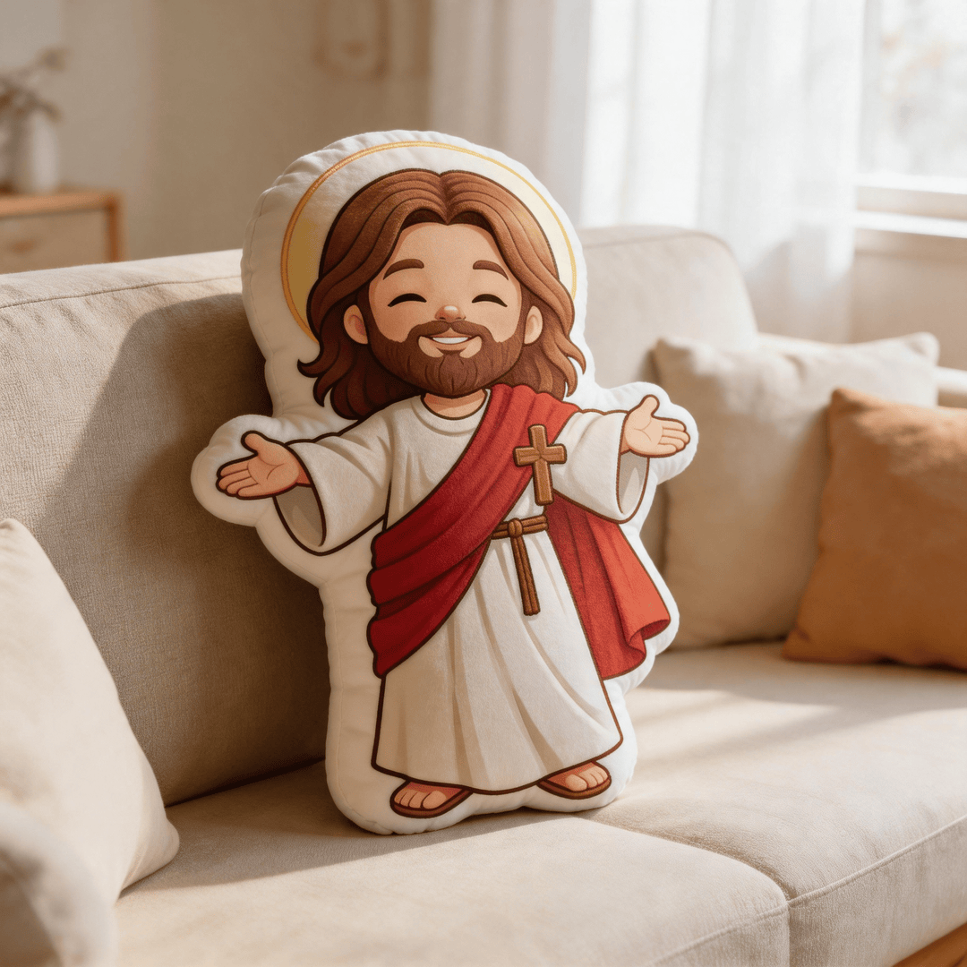 Christianartworkshop Cute Smiling Jesus with Open Arms and Halo Shaped Decorative Pillow - image 2