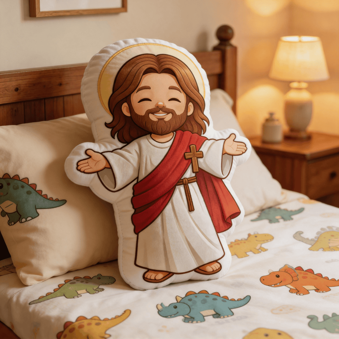 Christianartworkshop Cute Smiling Jesus with Open Arms and Halo Shaped Decorative Pillow - image 0