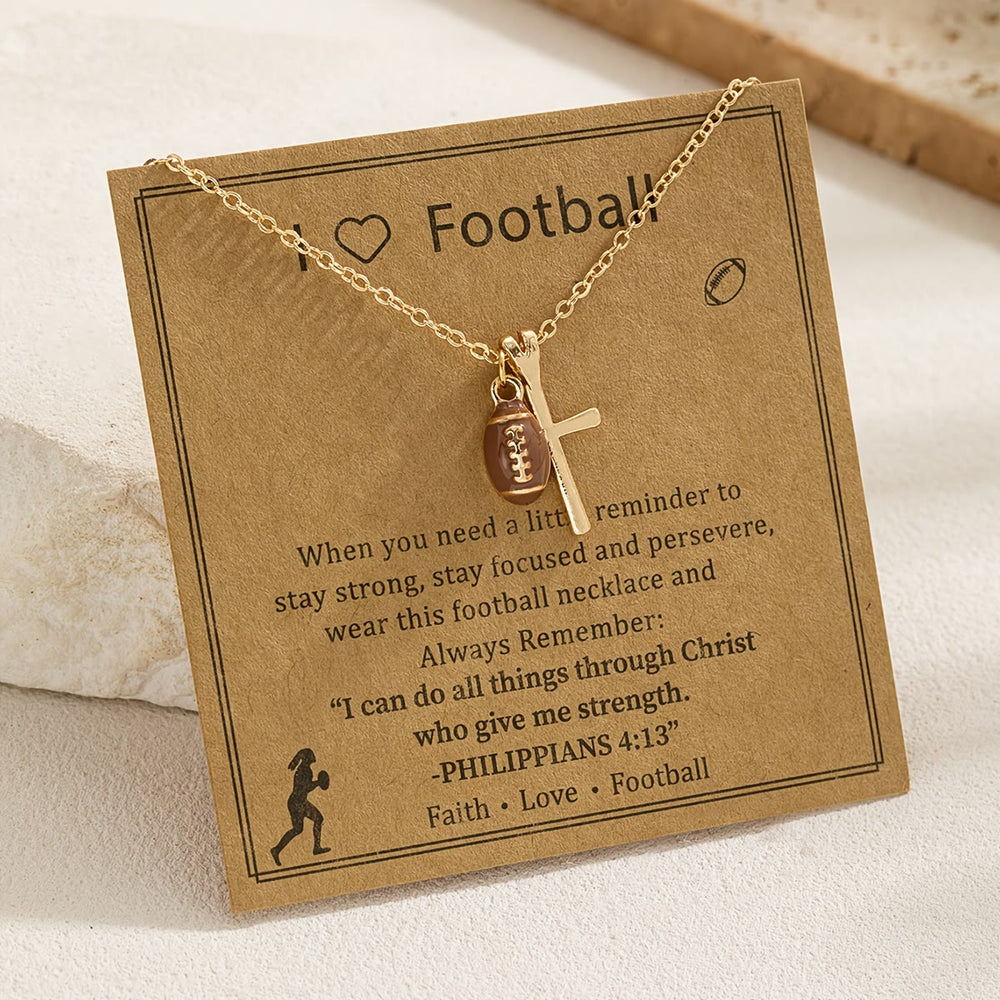 Christianartworkshop Sport Ball & Cross Pendant Necklace with Philippians 4:13 Verse: A Symbol of Faith and Athletic Strength - Rugby - image 1