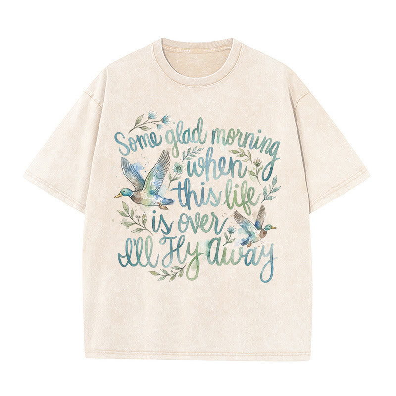 Christianartworkshop Some Glad Morning When This Life Is Over I'll Fly Away Watercolor Duck Floral Washed T-Shirt - Beige - 5XL - image 0