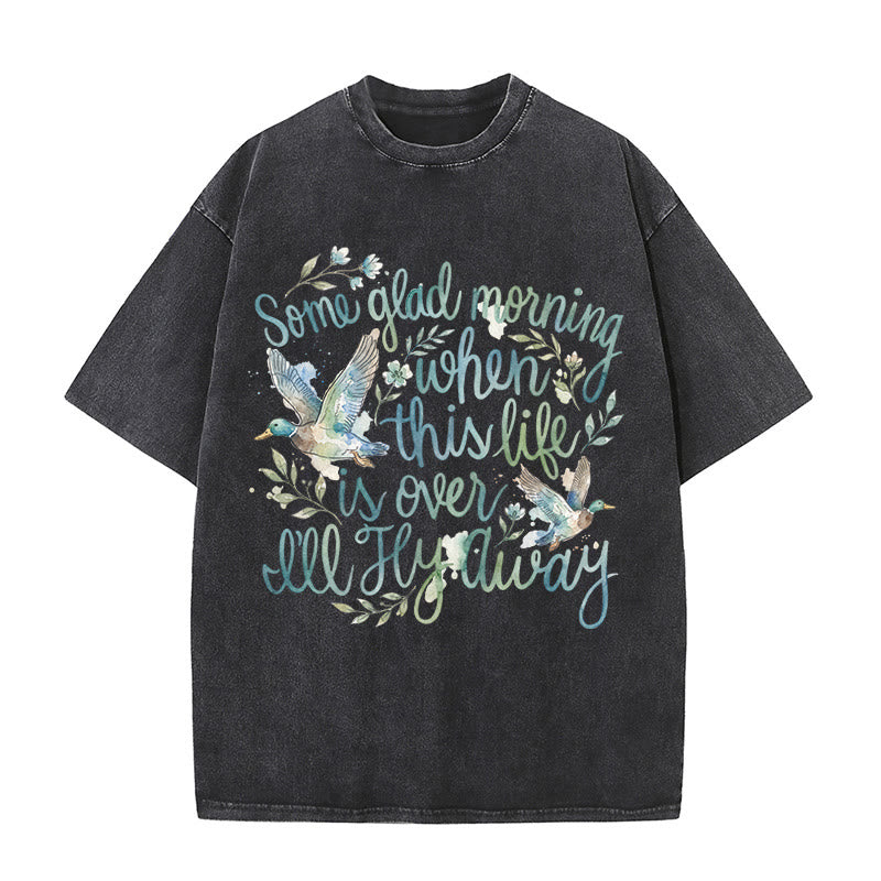 Christianartworkshop Some Glad Morning When This Life Is Over I'll Fly Away Watercolor Duck Floral Washed T-Shirt - Black - 5XL - image 1