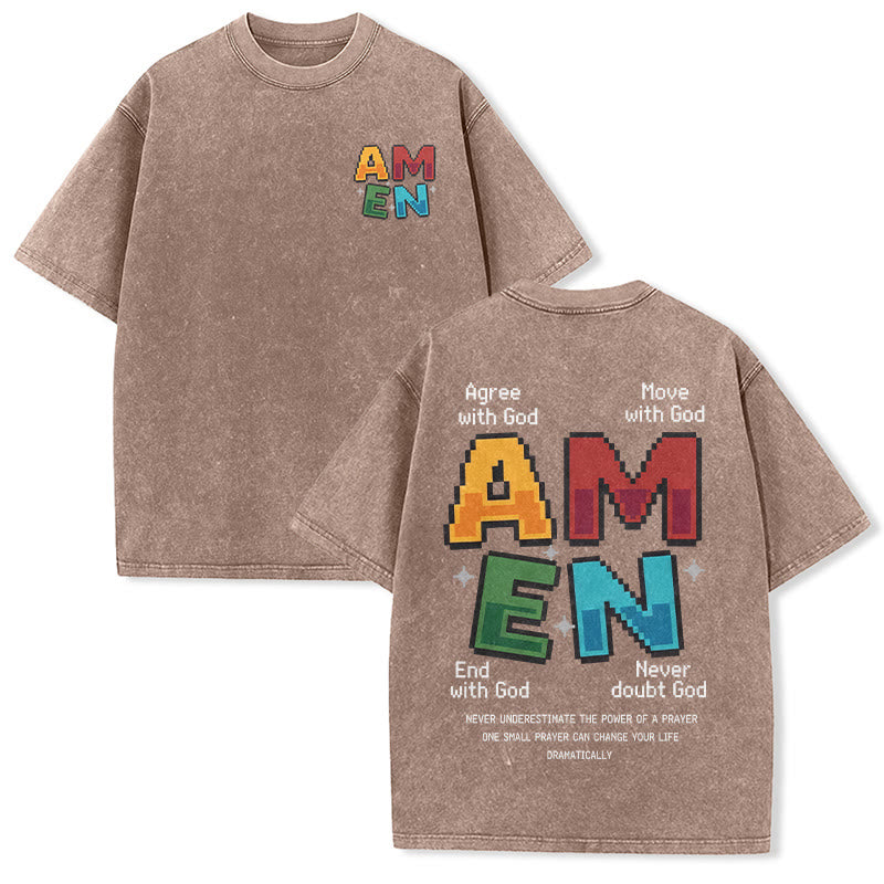 Christianartworkshop Amen Pixel Art Agree Move End Never Acronym Front And Back Print Washed T-Shirt - Brown - 5XL - image 0