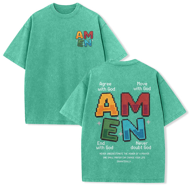 Christianartworkshop Amen Pixel Art Agree Move End Never Acronym Front And Back Print Washed T-Shirt - Green - 5XL - image 12