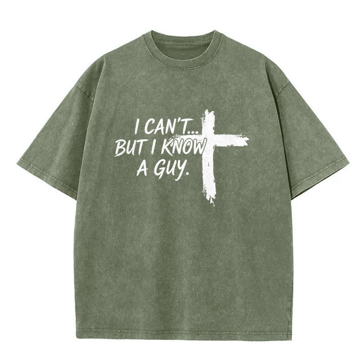 Christianartworkshop I Cant But I Know A Guy Funny Faith Quote With Brushstroke Cross Washed T-Shirt - Army Green - 5XL - image 2