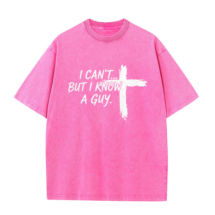 Christianartworkshop I Cant But I Know A Guy Funny Faith Quote With Brushstroke Cross Washed T-Shirt - Pink - 5XL - image 5