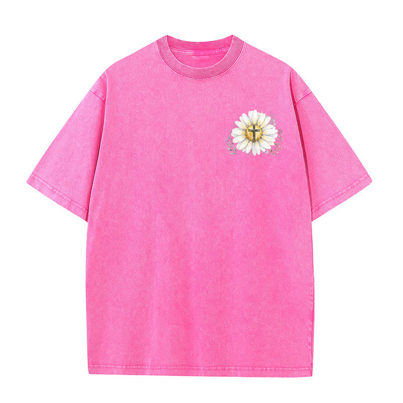 Christianartworkshop Jesus Saved My Life Watercolor Daisy Cross Front And Back Print Washed T-Shirt - image 17