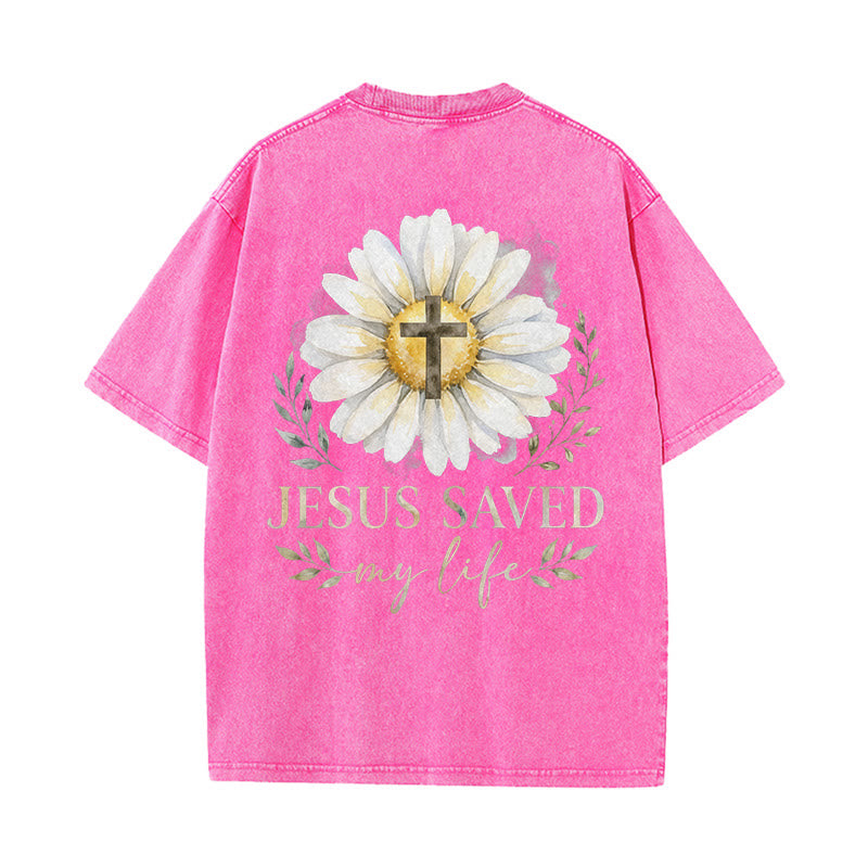 Christianartworkshop Jesus Saved My Life Watercolor Daisy Cross Front And Back Print Washed T-Shirt - image 16