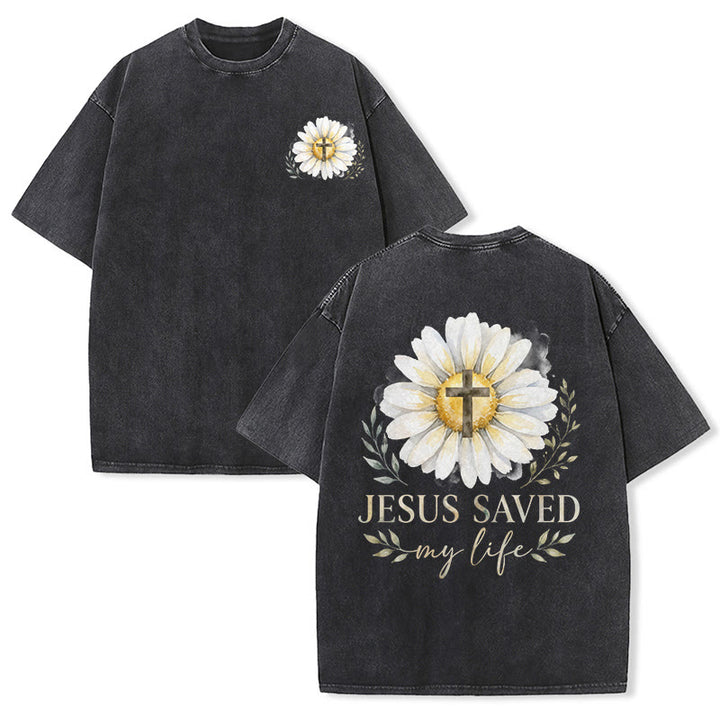 Christianartworkshop Jesus Saved My Life Watercolor Daisy Cross Front And Back Print Washed T-Shirt - Black - 5XL - image 0
