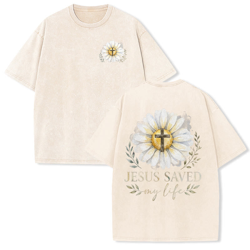 Christianartworkshop Jesus Saved My Life Watercolor Daisy Cross Front And Back Print Washed T-Shirt - Beige - 5XL - image 6