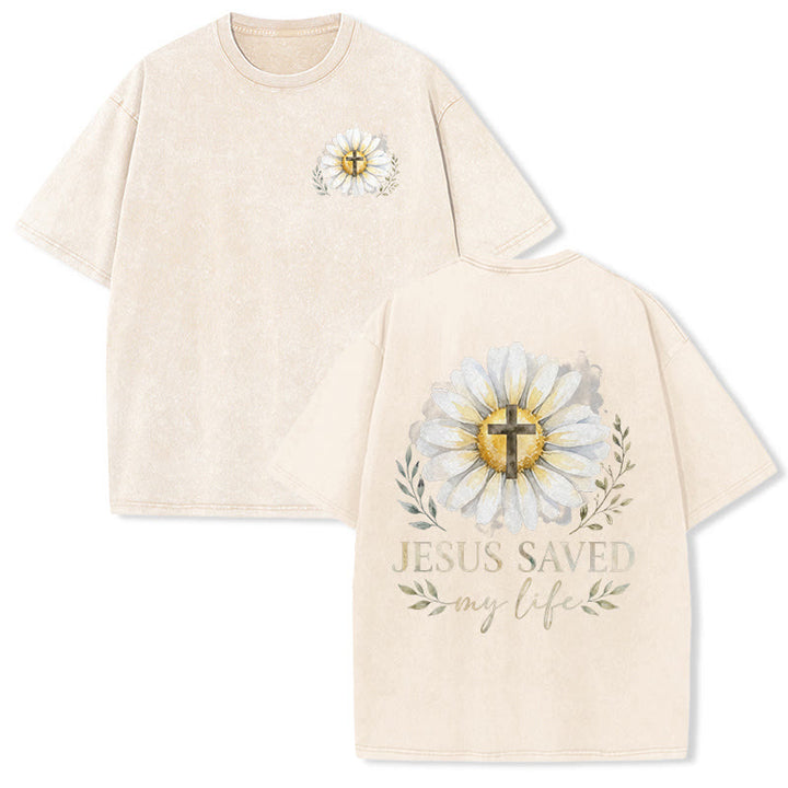Christianartworkshop Jesus Saved My Life Watercolor Daisy Cross Front And Back Print Washed T-Shirt - Beige - 5XL - image 6