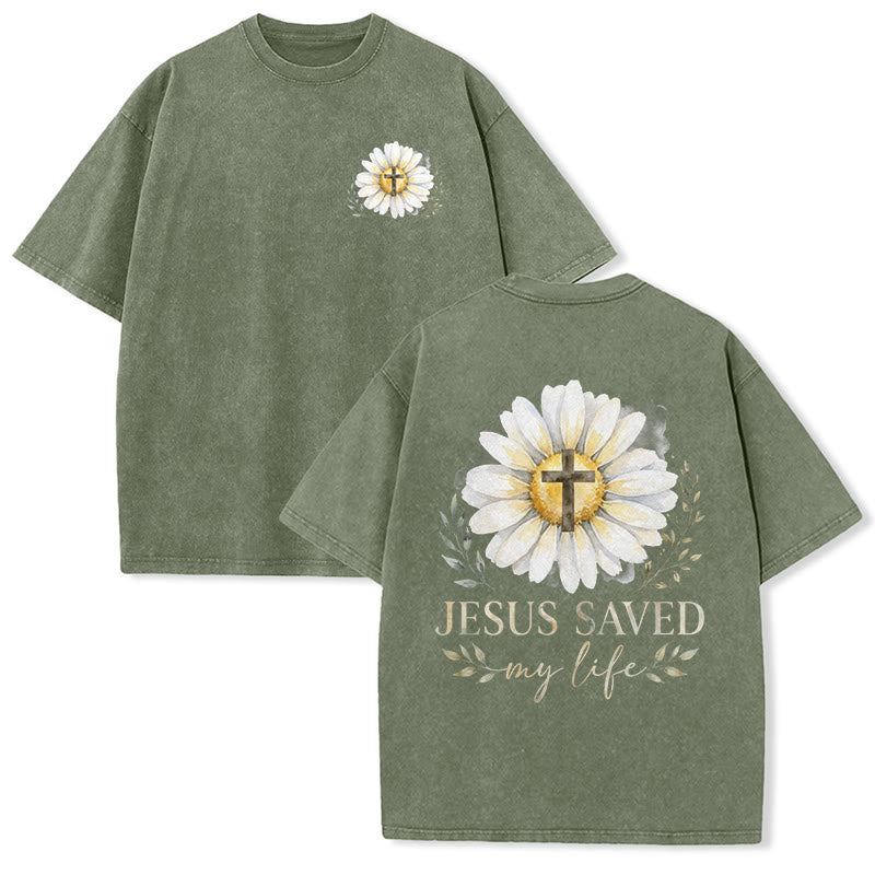 Christianartworkshop Jesus Saved My Life Watercolor Daisy Cross Front And Back Print Washed T-Shirt - Army Green - 5XL - image 9