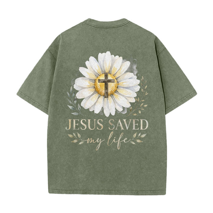 Christianartworkshop Jesus Saved My Life Watercolor Daisy Cross Front And Back Print Washed T-Shirt - image 10