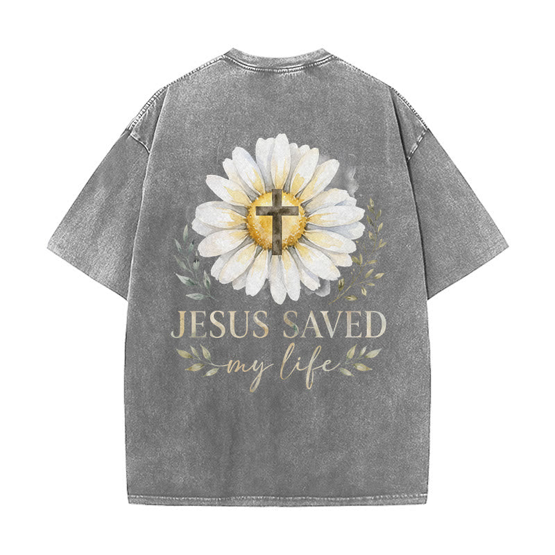 Christianartworkshop Jesus Saved My Life Watercolor Daisy Cross Front And Back Print Washed T-Shirt - image 25