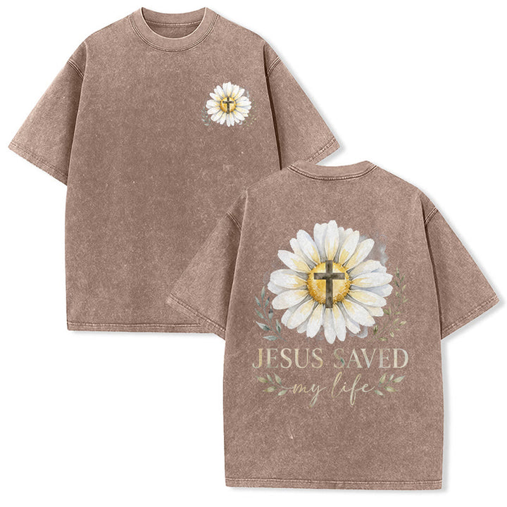 Christianartworkshop Jesus Saved My Life Watercolor Daisy Cross Front And Back Print Washed T-Shirt - Brown - 5XL - image 3