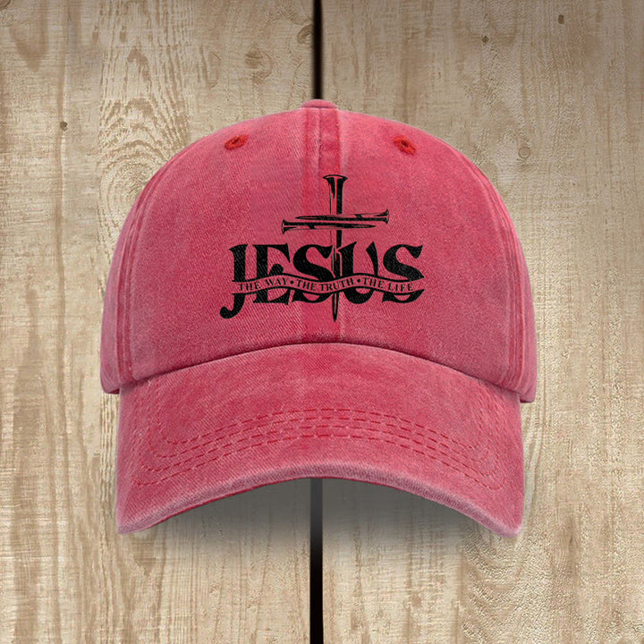 Christianartworkshop Jesus The Way The Truth The Life Nails Cross Embroidered Washed Baseball Cap - Red - image 7