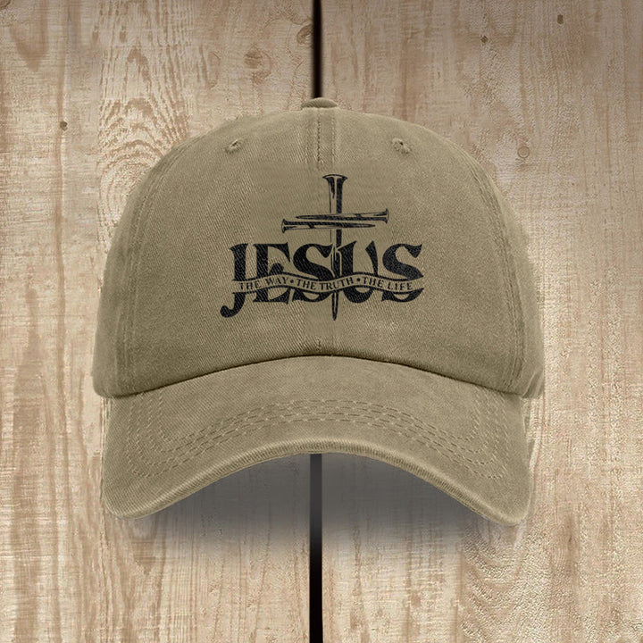 Christianartworkshop Jesus The Way The Truth The Life Nails Cross Embroidered Washed Baseball Cap - Khaki - image 15