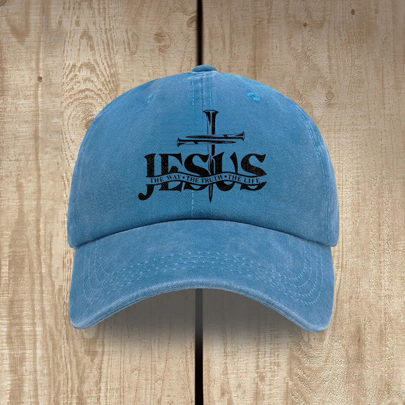 Christianartworkshop Jesus The Way The Truth The Life Nails Cross Embroidered Washed Baseball Cap - Blue - image 8