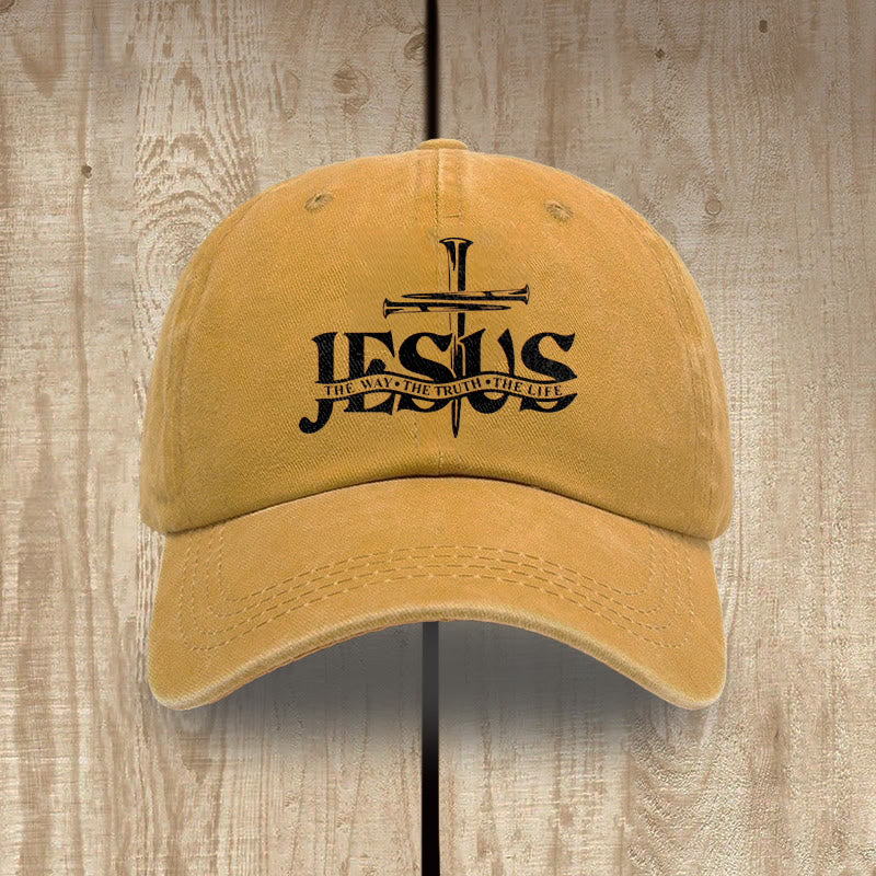 Christianartworkshop Jesus The Way The Truth The Life Nails Cross Embroidered Washed Baseball Cap - Yellow - image 9