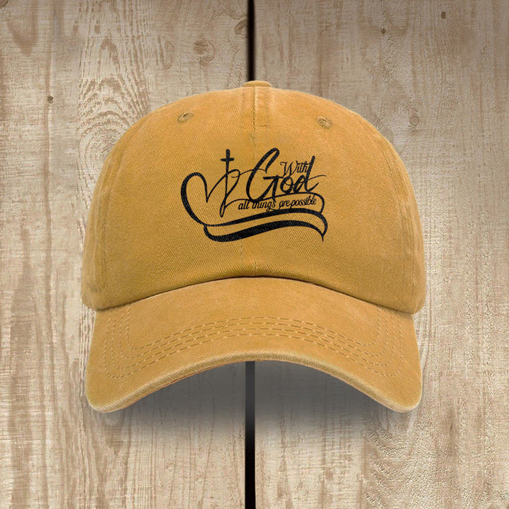 Christianartworkshop With God All Things Are Possible Heart Cross Script Washed Baseball Cap - Yellow - image 10