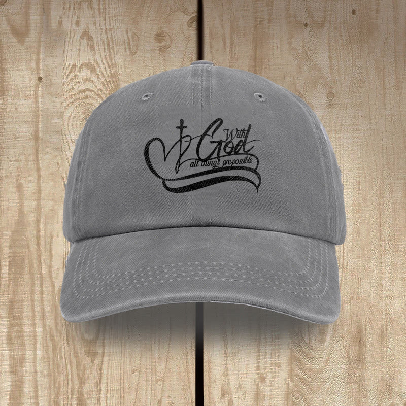 Christianartworkshop With God All Things Are Possible Heart Cross Script Washed Baseball Cap - Gray - image 11