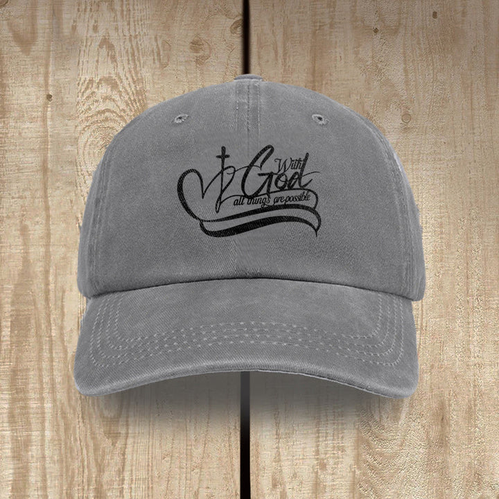 Christianartworkshop With God All Things Are Possible Heart Cross Script Washed Baseball Cap - Gray - image 11