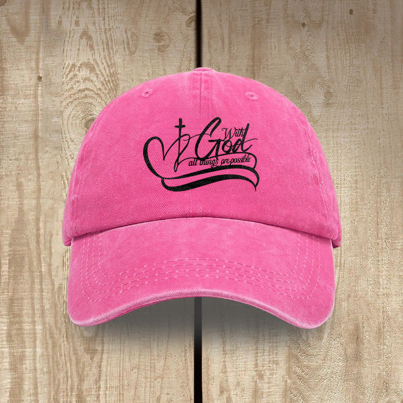 Christianartworkshop With God All Things Are Possible Heart Cross Script Washed Baseball Cap - Rose - image 0