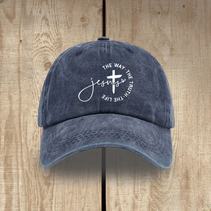 Christianartworkshop Jesus The Way The Truth The Life Cross Circle Script Washed Baseball Cap - Navy Blue - image 5