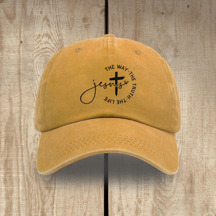 Christianartworkshop Jesus The Way The Truth The Life Cross Circle Script Washed Baseball Cap - Yellow - image 9