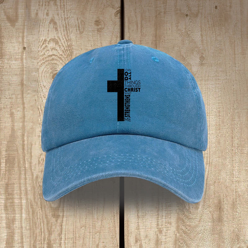Christianartworkshop I Can Do All Things Through Christ Cross Shaped Scripture Washed Baseball Cap - Blue - image 8