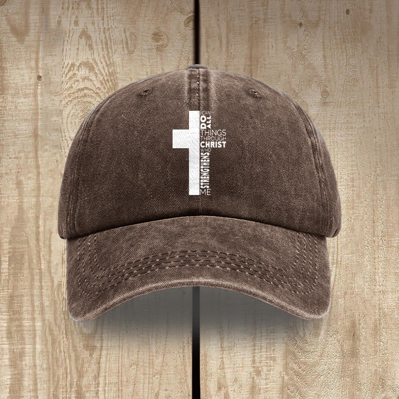 Christianartworkshop I Can Do All Things Through Christ Cross Shaped Scripture Washed Baseball Cap - Coffee - image 14