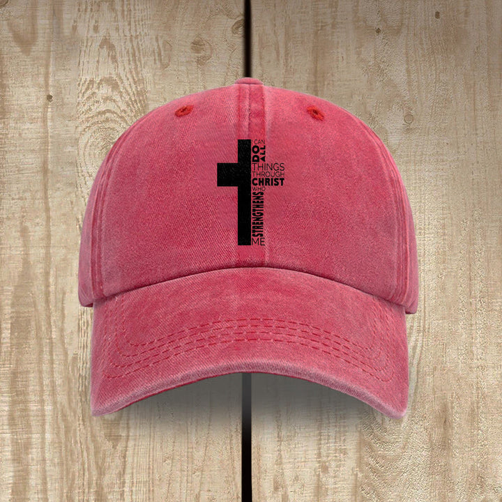 Christianartworkshop I Can Do All Things Through Christ Cross Shaped Scripture Washed Baseball Cap - Red - image 7