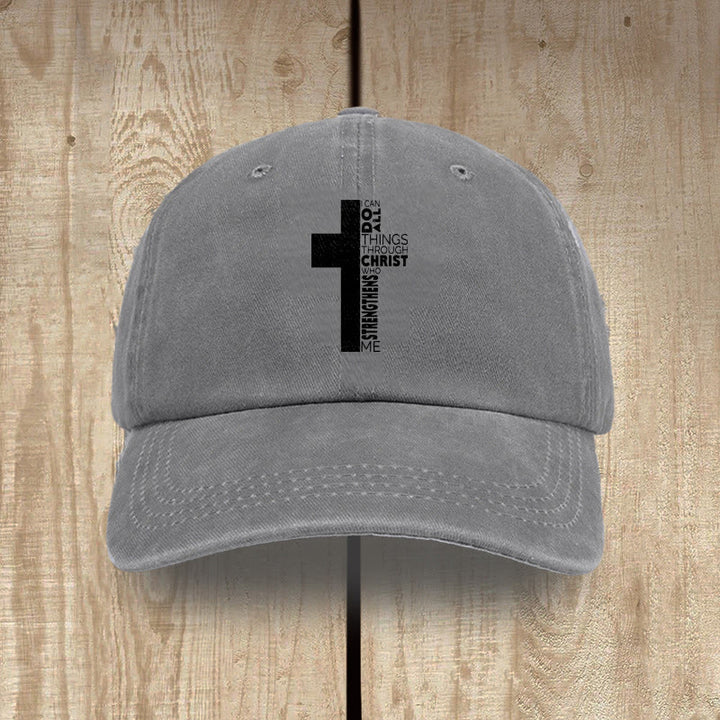 Christianartworkshop I Can Do All Things Through Christ Cross Shaped Scripture Washed Baseball Cap - Gray - image 10