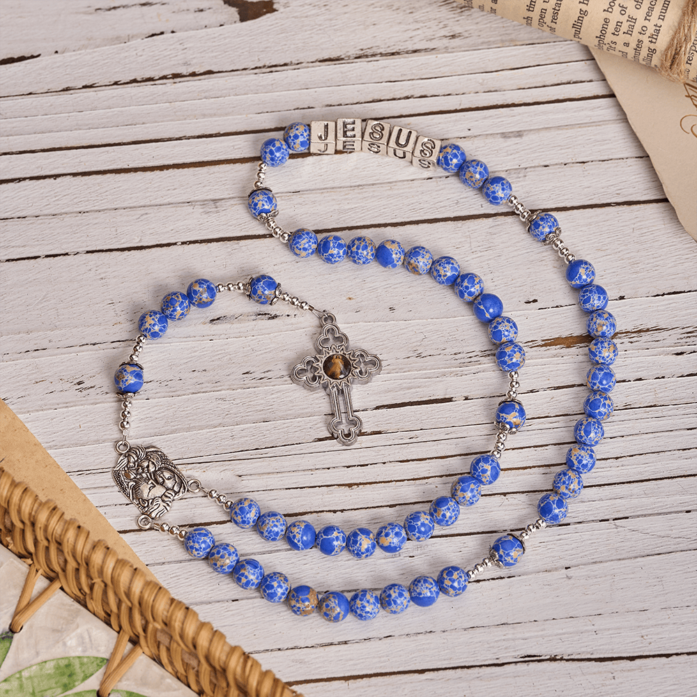 Christianartworkshop Regal Blue Emperor Stone Rosary with Holy Family & Divine Mercy Cross - JESUS - image 0
