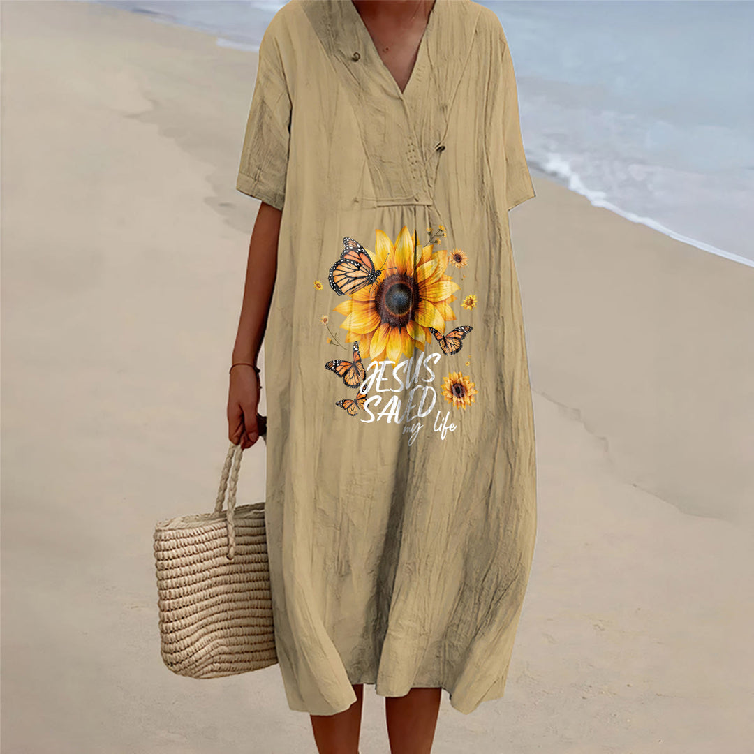 Christianartworkshop "Jesus Saved My Life" Sunflower & Butterfly V-Neck Short Sleeve Midi Dress - Khaki - 4XL - image 2