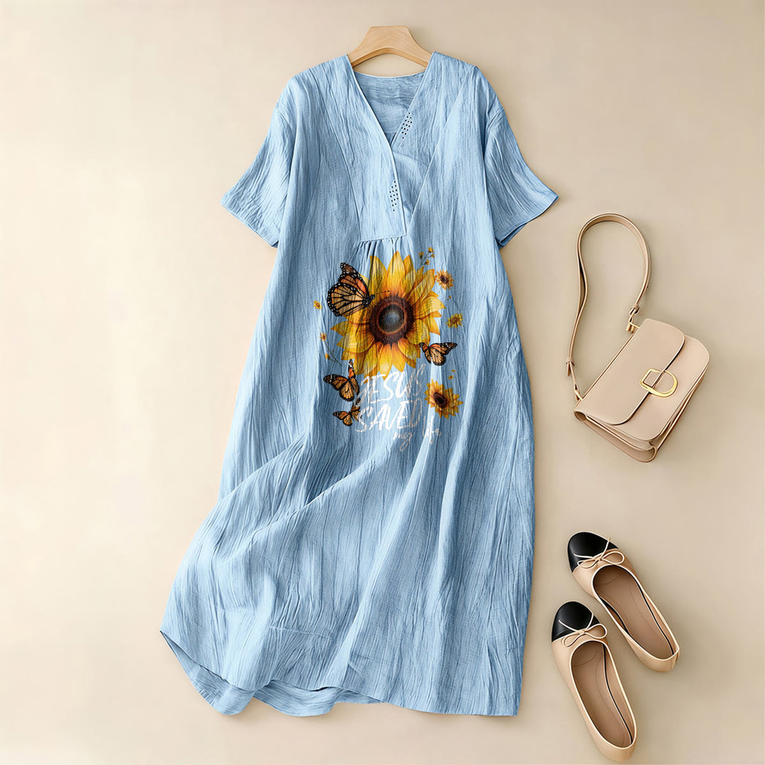 Christianartworkshop "Jesus Saved My Life" Sunflower & Butterfly V-Neck Short Sleeve Midi Dress - image 7