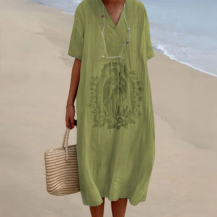 Christianartworkshop Our Lady of Guadalupe Silhouette V-Neck Short Sleeve Midi Dress - Olive Green - 4XL - image 10