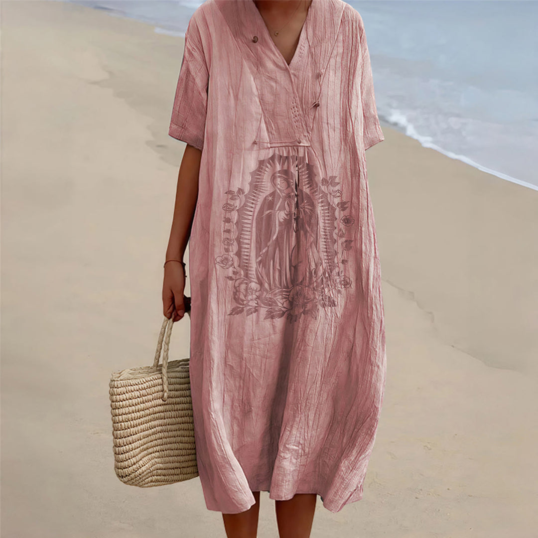 Christianartworkshop Our Lady of Guadalupe Silhouette V-Neck Short Sleeve Midi Dress - Pink - 4XL - image 8