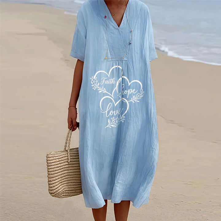 Christianartworkshop Floral Heart "Faith Hope Love" Print V-Neck Short Sleeve Midi Dress - Blue - 4XL - image 2