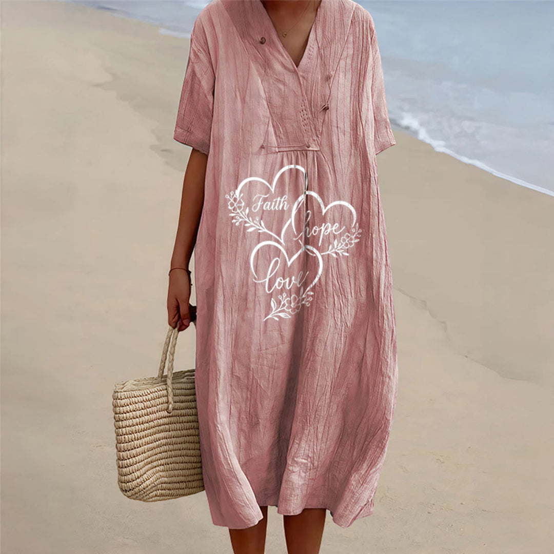 Christianartworkshop Floral Heart "Faith Hope Love" Print V-Neck Short Sleeve Midi Dress - Pink - 4XL - image 8