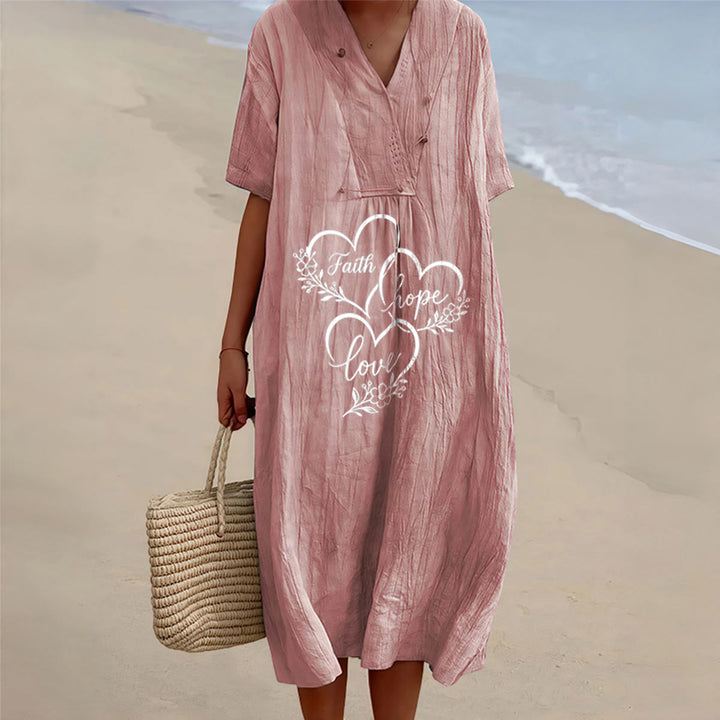 Christianartworkshop Floral Heart "Faith Hope Love" Print V-Neck Short Sleeve Midi Dress - Pink - 4XL - image 8