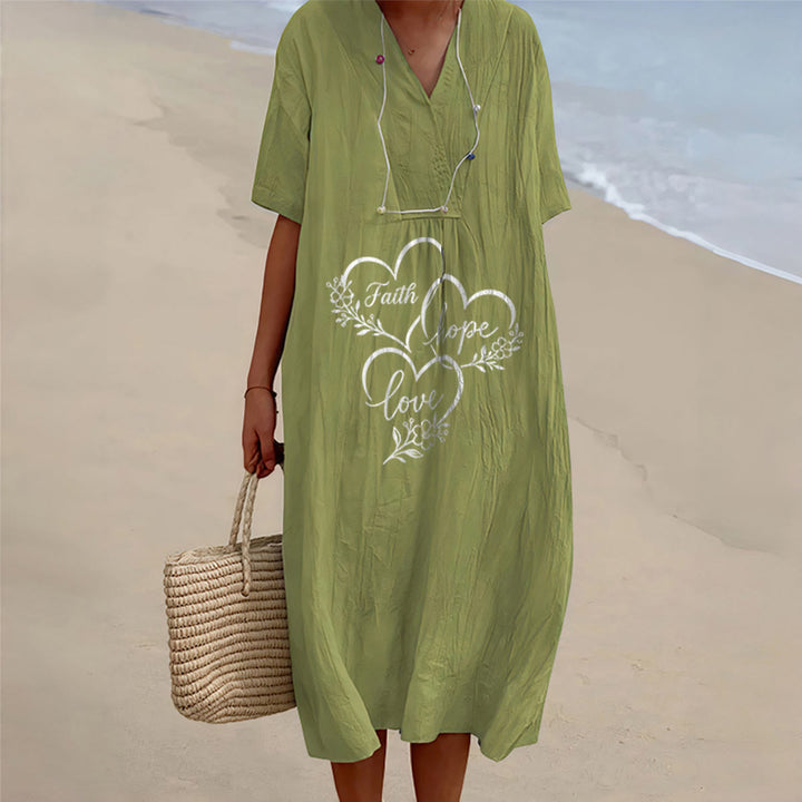 Christianartworkshop Floral Heart "Faith Hope Love" Print V-Neck Short Sleeve Midi Dress - Olive Green - 4XL - image 10